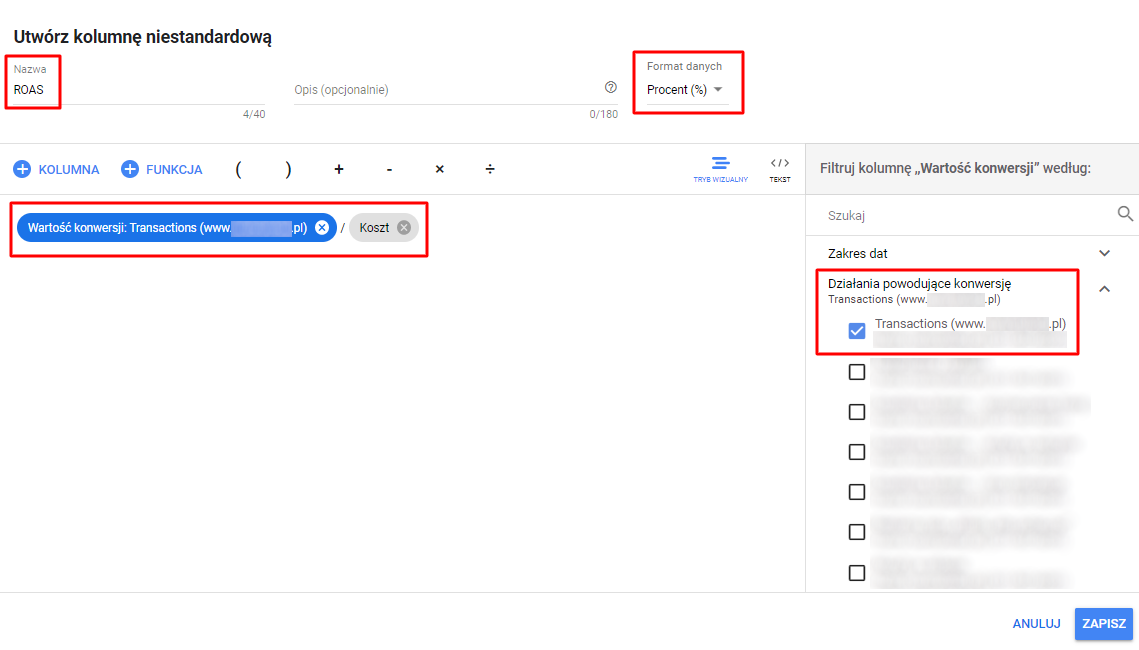 Kolumny niestandardowe - przykłady zastosowania - ROAS