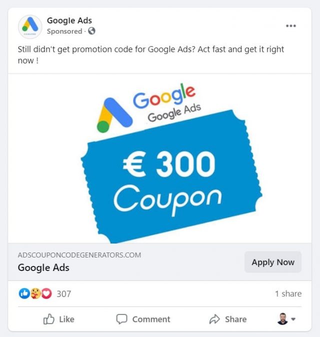 Jak zabezpieczyć swoje konto Google Ads przed włamaniem - scam (kupony Google Ads)