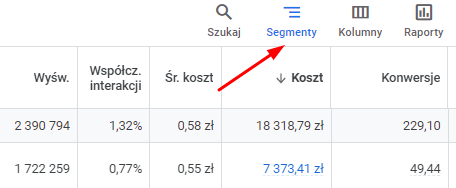 Dni do konwersji lub korekty - segment w Google Ads