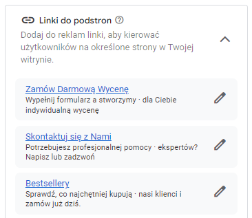 Nowa forma wyświetlania linków do podstron w panelu Google Ads