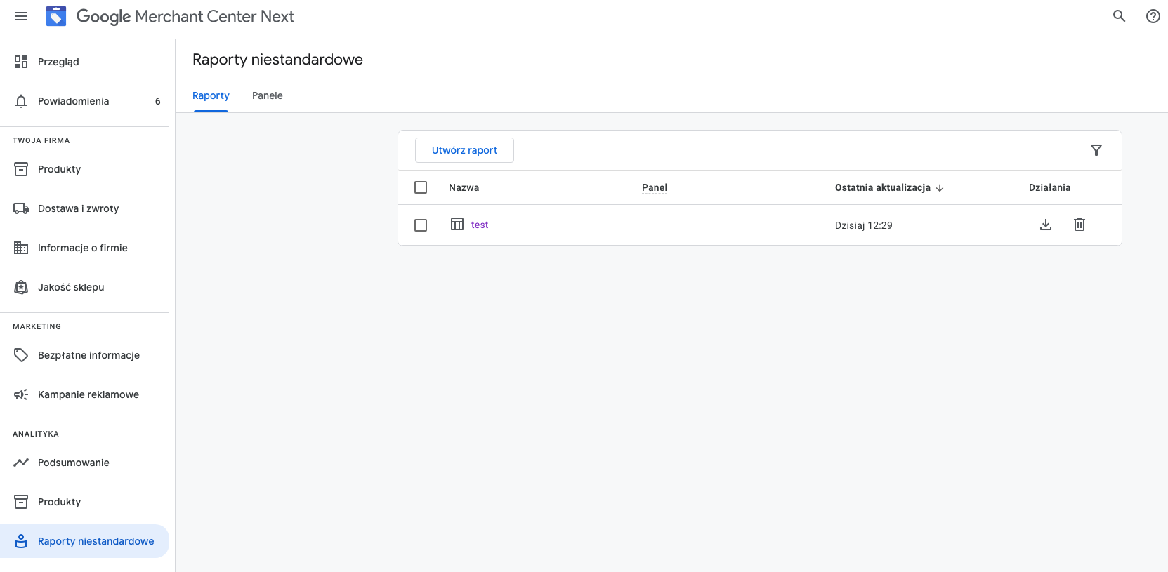 Raporty niestandardowe w Google Merchant Center Next